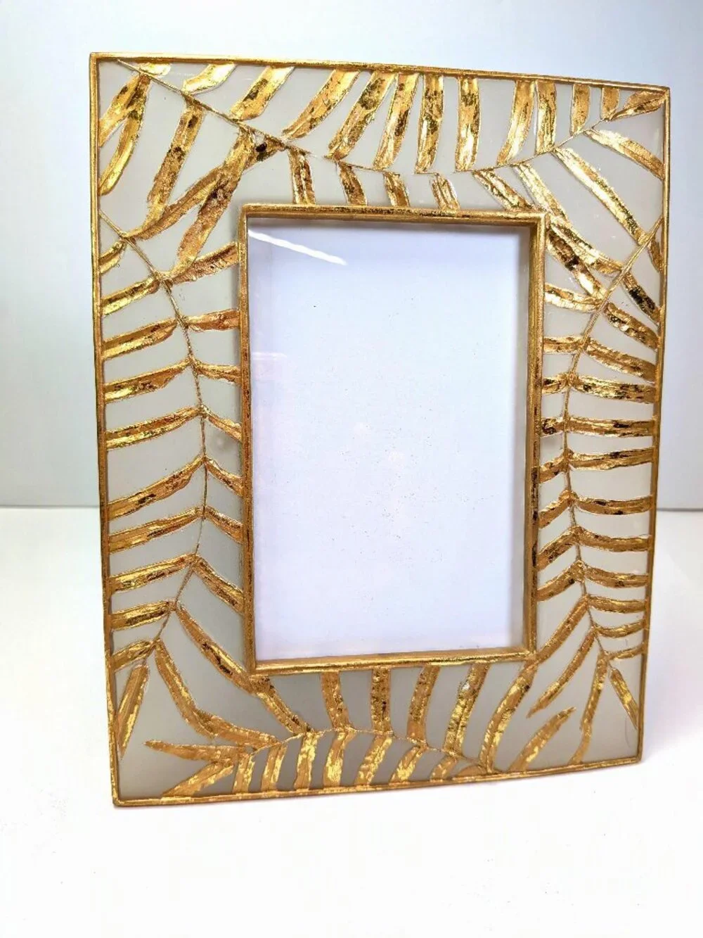 Vintage Textured Gold Palm Leaf Frosted Glass Photo Frame 5x7 Heavy Tabletop